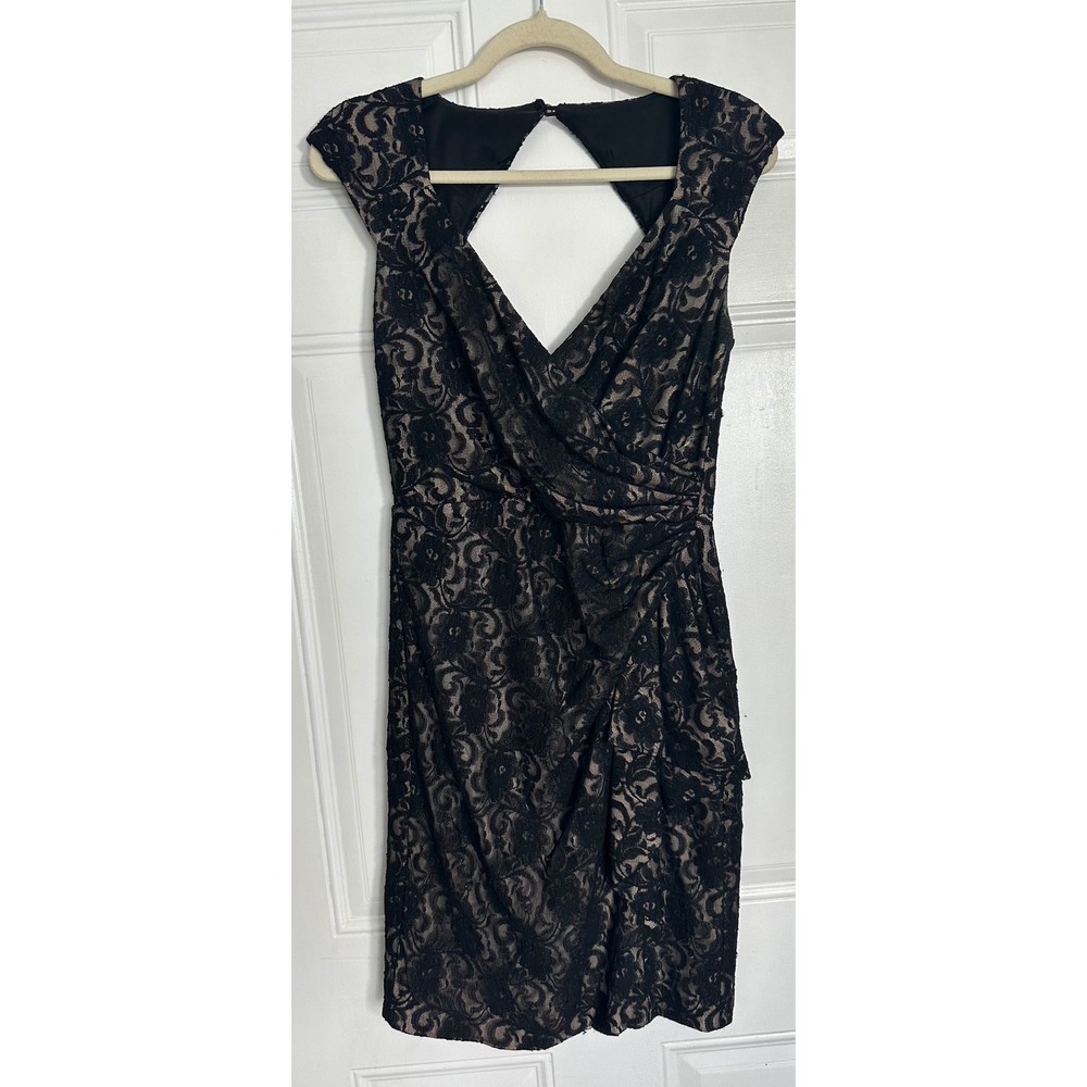 Maggy London Black Lace Sheath Dress V-Neck Cutout Back Ruched Cocktail Size 6